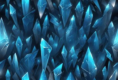 The primary subject of the image is a large number of blue crystals, which are arranged in a visually appealing pattern. The setting is a dark background, which contrasts with the bright blue crystals. The visual style is a digital art or illustration, as the crystals are depicted in a detailed and intricate manner. The colors and mood of the image are predominantly blue, creating a sense of calmness and serenity.