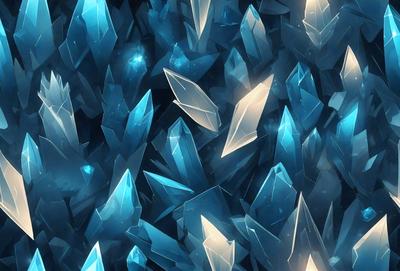The primary subject of the image is a large collection of blue crystals, which are the main objects in the scene. The setting is a blue background, which creates a visually striking contrast with the crystals. The visual style of the image is digital art, as it appears to be a computer-generated or digitally rendered scene. The dominant colors in the image are blue and white, giving it a cool and calming atmosphere.
