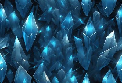 The primary subject of the image is a large number of blue crystals or gems, which are arranged in a visually appealing manner. The setting is a dark background, which contrasts with the bright blue crystals. The visual style is a digital art or illustration, as the crystals are depicted in a detailed and intricate manner. The colors and mood of the image are predominantly blue, creating a sense of calmness and serenity.