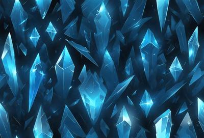 The primary subject of the image is a large collection of blue crystals, which are arranged in a visually appealing manner. The setting is a dark background, which contrasts with the bright blue crystals. The visual style is a digital art or illustration, as the crystals are depicted in a detailed and intricate manner. The colors and mood of the image are predominantly blue, creating a sense of calmness and serenity.
