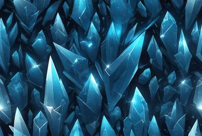 The primary subject of the image is a large number of blue crystals or gems, which are arranged in a visually appealing pattern. The setting is a dark blue background, which contrasts with the bright blue crystals. The visual style is a digital art or illustration, as the crystals are depicted in a detailed and intricate manner. The colors and mood of the image are predominantly blue, creating a sense of calmness and serenity.