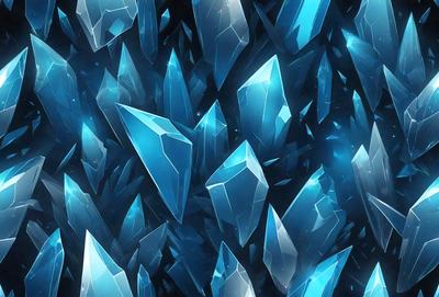 The primary subject of the image is a large collection of blue crystals, which are arranged in a visually appealing manner. The setting is a dark blue background, which contrasts with the bright blue crystals. The visual style is a digital art or illustration, as the crystals are depicted in a detailed and intricate manner. The colors and mood of the image are predominantly blue, creating a sense of calmness and serenity.