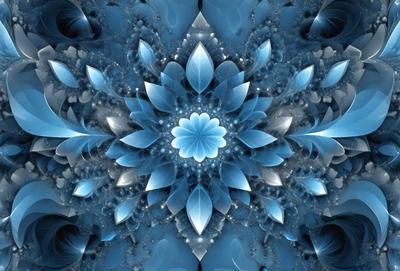 The primary subject of the image is a blue flower, which is the centerpiece of the scene. The setting is a blue background, which complements the blue flower. The visual style is a digital art or illustration, creating a vibrant and colorful atmosphere. The dominant colors are blue and white, with the blue flower being the most prominent feature in the image.