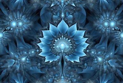 The primary subject of the image is a blue flower with a yellow center, surrounded by a blue background. The visual style appears to be a digital art or illustration, with a patterned background that adds depth and interest to the scene. The colors and mood of the image are predominantly blue, creating a calm and serene atmosphere.