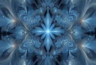 The primary subject of the image is a blue and white flower, which is the main object, scene, or focus of the image. The setting or background features a blue and white pattern, which adds to the overall visual style of the image. The colors and mood of the image are predominantly blue and white, creating a serene and calming atmosphere.