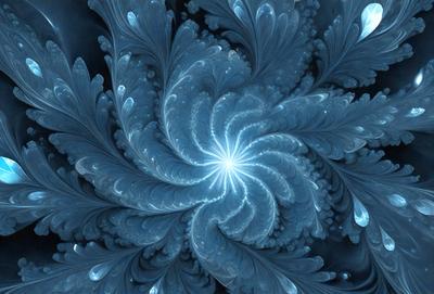 The primary subject of the image is a blue and white spiral pattern, which appears to be a digital art or illustration. The setting is a dark background, which contrasts with the bright colors of the spiral pattern. The visual style suggests that the image is a creative and artistic representation of a spiral, possibly inspired by nature or abstract patterns. The dominant colors are blue and white, creating a sense of depth and contrast in the image.