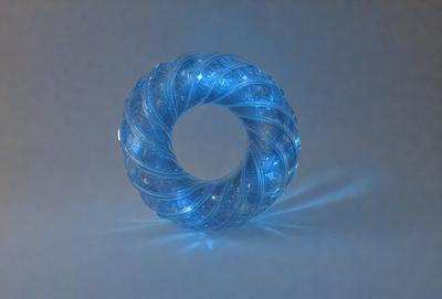The primary subject of the image is a blue, light-up ring. The ring is made of a blue, shiny material and has a light-up feature. The setting is a dark background, which highlights the ring's vibrant color and unique design. The visual style of the image is a close-up of the ring, showcasing its details and texture. The colors and mood of the image are predominantly blue, creating a sense of calmness and sophistication.