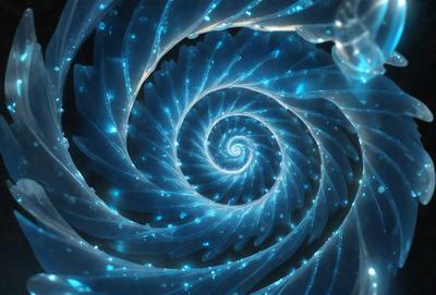The primary subject of the image is a spiral pattern, which is the main object, scene, or focus of the image. The spiral pattern is set against a blue background, creating a visually striking and vibrant scene. The image is a digital art piece, showcasing the artist's creativity and skill in designing intricate patterns. The dominant colors in the image are blue and white, giving the spiral pattern a sense of depth and elegance. Overall, the image evokes a sense of wonder and