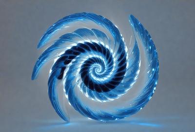 The primary subject of the image is a spiral-shaped object, possibly a light sculpture or a piece of art, with a blue and white color scheme. The setting is a white background, which provides a clean and minimalist appearance. The visual style is a combination of digital art and illustration, creating a unique and eye-catching design. The colors and mood of the image are predominantly blue and white, giving it a calm and serene atmosphere.