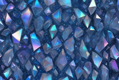 The primary subject of the image is a large, colorful, and intricate pattern of crystals. The setting is a blue background, which complements the vibrant colors of the crystals. The visual style is a combination of digital art and illustration, creating a unique and eye-catching design. The dominant colors are blue, purple, and pink, giving the pattern a lively and energetic atmosphere.