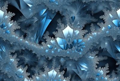 The primary subject of the image is a close-up of a blue and white crystal pattern. The setting is a dark background, which contrasts with the bright blue and white colors of the crystals. The visual style is a digital art or illustration, as the crystals are depicted in a detailed and intricate manner. The overall atmosphere is one of beauty and elegance, as the crystals create a captivating and visually striking pattern.