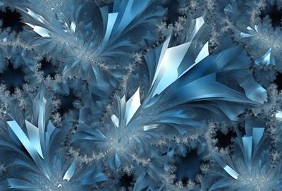 The primary subject of the image is a blue and white snowflake pattern. The setting is a dark background, which contrasts with the bright blue and white snowflakes. The visual style is a digital art or illustration, as the snowflakes are intricately designed and detailed. The colors and mood of the image are predominantly blue and white, creating a serene and calming atmosphere.