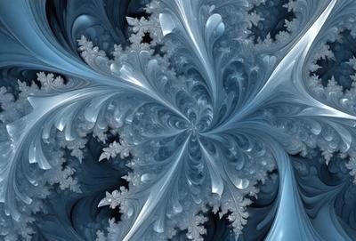 The primary subject of the image is a large, intricate snowflake design. The setting is a blue background, which adds to the overall visual style. The image is a digital art piece, showcasing the artist's skill in creating a detailed and captivating snowflake pattern. The dominant colors are blue and white, creating a serene and calming atmosphere.
