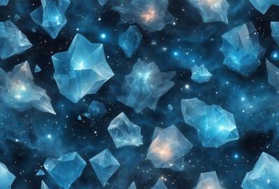 The primary subject of the image is a large cluster of blue crystals, which are the main objects in the scene. The setting is a vast, dark space with a backdrop of stars, creating a sense of depth and vastness. The visual style of the image is a combination of photo and digital art, as it appears to be a photograph of a digital artwork. The dominant colors in the image are blue and black, giving it a cool and mysterious atmosphere.