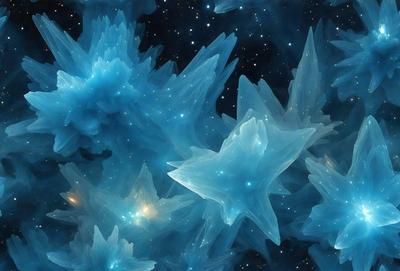 The primary subject of the image is a cluster of blue crystals, possibly ice crystals, floating in a blue background. The visual style of the image is digital art, as it appears to be a computer-generated or digitally manipulated image. The colors and mood of the image are predominantly blue, creating a serene and calming atmosphere.