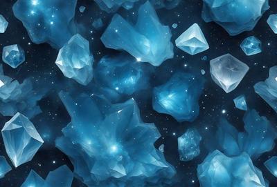 The primary subject of the image is a large cluster of blue crystals, which are the main objects in the scene. The setting is a dark, starry sky, creating a contrasting backdrop for the crystals. The visual style is a digital art or illustration, as the crystals are depicted in a detailed and intricate manner. The dominant colors in the image are blue and black, giving the scene a serene and mysterious atmosphere.