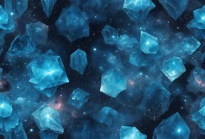The primary subject of the image is a large cluster of blue crystals, which are the main objects in the scene. The setting is a space background, with the crystals floating in the air. The visual style is a digital art or illustration, as the crystals are depicted in a detailed and intricate manner. The dominant colors in the image are blue and purple, creating a serene and calming atmosphere.