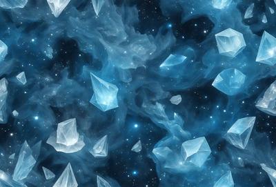 The primary subject of the image is a large cluster of blue crystals, which are floating in a dark blue space. The setting appears to be a starry night, with the crystals illuminated by the light of the stars. The visual style of the image is a combination of digital art and illustration, creating a unique and captivating scene. The dominant colors in the image are blue and dark blue, giving the scene a serene and peaceful atmosphere.