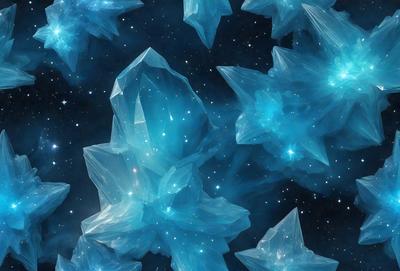 The primary subject of the image is a cluster of blue crystals, which are the main objects in the scene. The setting is a dark, starry background, creating a contrast between the bright blue crystals and the night sky. The visual style is a digital art or illustration, as the crystals are depicted in a detailed and intricate manner. The colors and mood of the image are predominantly blue, with the crystals appearing to glow against the dark background, giving the scene a sense of
