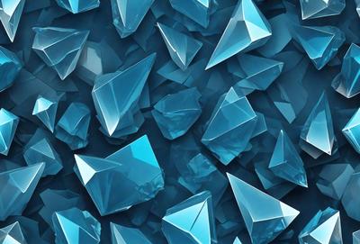 The primary subject of the image is a large number of blue crystals or glass pieces arranged in a pattern. The setting is a blue background, which creates a visually striking contrast with the blue crystals. The visual style appears to be a combination of digital art and illustration, as the crystals are depicted in a detailed and intricate manner. The colors and mood of the image are predominantly blue, giving it a calm and serene atmosphere.