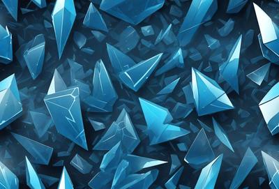 The primary subject of the image is a large number of blue crystals or glass pieces arranged in a visually appealing manner. The setting is a dark blue background, which contrasts with the bright blue crystals. The visual style is a combination of digital art and illustration, creating a unique and intriguing pattern. The colors and mood of the image are predominantly blue, giving it a calm and serene atmosphere.