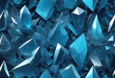 The primary subject of the image is a large collection of blue crystals, which are arranged in a visually appealing manner. The setting is a blue background, which complements the vibrant color of the crystals. The visual style of the image is a combination of photo and digital art, creating a unique and eye-catching display. The dominant colors in the image are blue and white, giving the scene a calm and serene atmosphere.