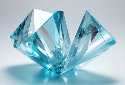 The primary subject of the image is a pair of blue crystals, possibly glass or gemstones, sitting on a white surface. The setting appears to be a studio or workspace, as the crystals are placed on a table. The visual style of the image is a close-up, focusing on the details of the crystals. The colors and mood of the image are predominantly blue, with the crystals being the main focus and the white surface providing a clean and neutral backdrop.