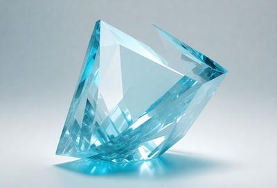 The primary subject of the image is a large, blue, crystal-like structure. The setting is a white background, which provides a clean and minimalist appearance. The visual style is a combination of photo and digital art, creating a unique and eye-catching image. The dominant colors are blue and white, giving the scene a calm and serene atmosphere.