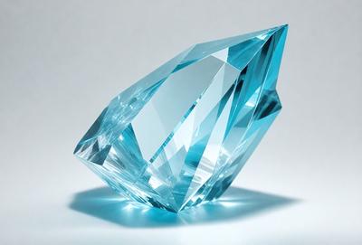 The primary subject of the image is a large, clear blue crystal. The setting is a white background, which provides a clean and uncluttered environment for the crystal to stand out. The visual style is a close-up of the crystal, showcasing its unique and beautiful form. The colors and mood of the image are predominantly blue, giving the scene a calm and serene atmosphere.