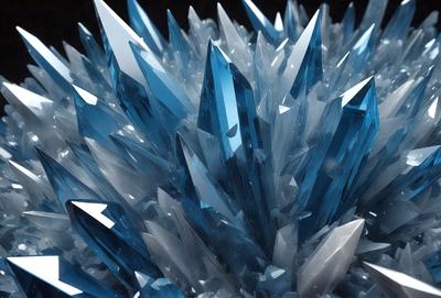 The primary subject of the image is a large, blue crystal formation. The setting is a dark background, which contrasts with the bright blue color of the crystal. The visual style appears to be a combination of a photo and digital art, as the crystal formation is depicted in a detailed and intricate manner. The overall atmosphere of the image is one of beauty and elegance, as the blue crystal stands out against the dark background.