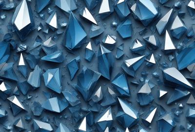 The primary subject of the image is a blue crystal-like surface, which appears to be a pattern or a texture. The setting is a blue background, and the visual style is a combination of photo and digital art. The dominant colors are blue and silver, creating a calm and serene atmosphere.