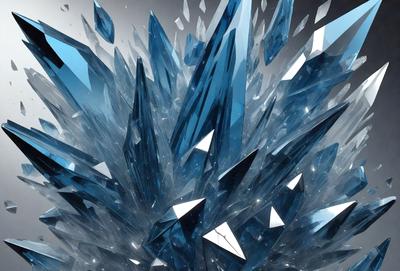 The primary subject of the image is a large, blue crystal structure with multiple facets and angles. The setting is a dark, space-like environment, with the crystal structure as the main focus. The visual style is a combination of digital art and illustration, creating a unique and intricate design. The dominant colors are blue and black, giving the image a sense of depth and mystery.