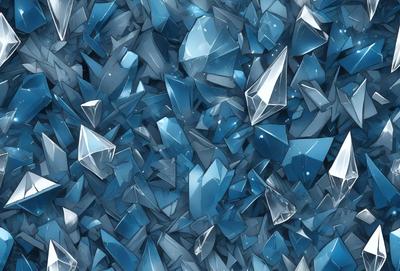 The primary subject of the image is a large collection of blue crystals, which are arranged in a visually appealing manner. The setting is a blue background, which complements the vibrant colors of the crystals. The visual style of the image is a combination of photo and digital art, creating a unique and eye-catching display. The dominant colors in the image are blue and white, giving the scene a calming and serene atmosphere.
