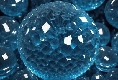 The primary subject of the image is a large, blue, crystal-like sphere. The setting is a blue background, which creates a striking contrast with the blue sphere. The visual style is a combination of photo and digital art, giving the image a unique and eye-catching appearance. The colors and mood of the image are predominantly blue, creating a sense of calmness and tranquility.