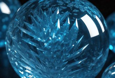 The primary subject of the image is a blue glass ball with a unique and intricate design. The setting is a dark room, and the visual style appears to be a close-up of the glass ball, showcasing its details. The colors and mood of the image are predominantly blue, creating a calm and serene atmosphere.