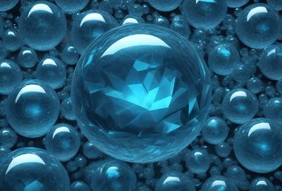 The primary subject of the image is a large, blue, crystal-like ball. The setting is a blue background, which creates a striking contrast with the blue ball. The visual style is a combination of photo and digital art, giving the image a unique and eye-catching appearance. The dominant colors are blue and white, creating a sense of depth and tranquility.