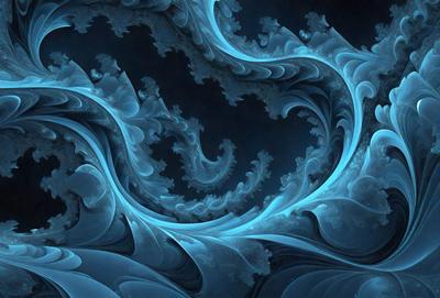 The primary subject of the image is a blue ocean wave with a swirling pattern. The setting is a dark blue background, which creates a dramatic contrast with the wave. The visual style is a combination of digital art and illustration, giving the image a unique and artistic appearance. The dominant colors are blue and black, creating a serene and calming atmosphere.