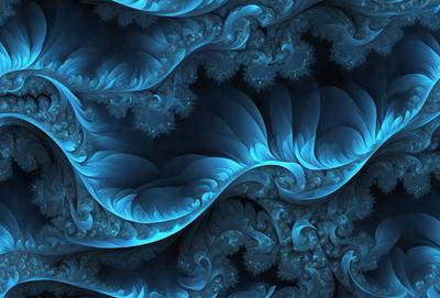 The primary subject of the image is a blue and white ocean wave. The setting is a blue ocean with a dark background. The visual style is a digital art or illustration, creating a vibrant and dynamic scene. The dominant colors are blue and white, giving the image a calming and serene atmosphere.