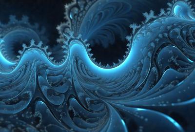 The primary subject of the image is a blue and white ocean wave. The setting is a dark blue sky, and the visual style is a digital art or illustration. The dominant colors are blue and white, creating a serene and calming atmosphere.