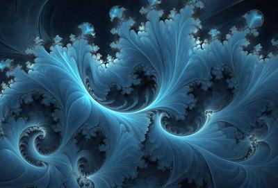 The primary subject of the image is a blue and white ocean wave. The setting is the ocean, with the wave being the main focus of the image. The visual style is a digital art or illustration, as the wave is depicted in a detailed and intricate manner. The dominant colors are blue and white, creating a serene and calming atmosphere.