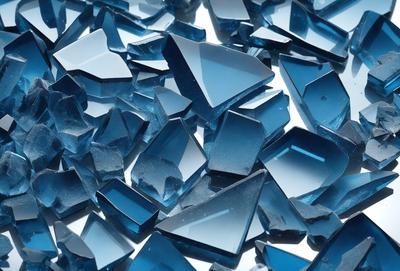 The primary subject of the image is a collection of blue glass shards, which are scattered across a white surface. The setting appears to be a workspace or a place where the glass was broken and discarded. The visual style of the image is a close-up of the glass shards, showcasing their unique shapes and textures. The colors and mood of the image are predominantly blue, with the shards reflecting light and creating a sense of depth and complexity.