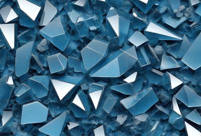 The primary subject of the image is a large pile of blue glass shards. The setting is a blue background, which creates a striking contrast with the blue glass. The visual style is a close-up of the glass shards, showcasing their unique shapes and textures. The colors and mood of the image are predominantly blue, giving it a calm and serene atmosphere.