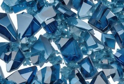 The primary subject of the image is a collection of blue glass shards, which are arranged in a visually appealing manner. The setting is a white surface, which provides a clean and contrasting background for the blue glass. The visual style of the image is a close-up of the blue glass, showcasing its unique texture and color. The overall atmosphere of the image is one of beauty and artistic expression, as the blue glass shards create a captivating and eye-catching display.