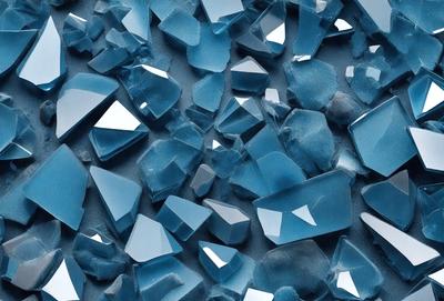 The primary subject of the image is a collection of blue glass shards, which are arranged in a visually appealing manner. The setting is a blue surface, possibly a table or a wall, where the glass shards are placed. The visual style of the image is a close-up of the glass shards, showcasing their unique shapes and textures. The colors and mood of the image are predominantly blue, creating a calm and serene atmosphere.