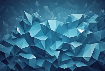 The primary subject of the image is a blue, geometric pattern that resembles a water surface. The setting is a blue sky, and the visual style is digital art. The dominant colors are blue and white, creating a calm and serene atmosphere.