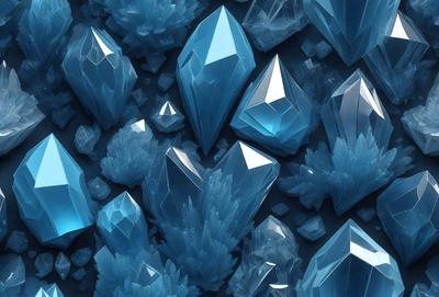 The primary subject of the image is a collection of blue crystals, which are the main objects in the scene. The setting is a blue background, which creates a visually appealing contrast with the crystals. The visual style of the image is digital art, as it appears to be a computer-generated or digitally rendered scene. The dominant colors in the image are blue and white, giving it a serene and calming atmosphere.