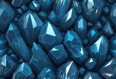 The primary subject of the image is a large collection of blue crystals, which are arranged in a visually appealing manner. The setting is a blue background, which complements the vibrant colors of the crystals. The visual style of the image is digital art, as it appears to be a computer-generated or digitally rendered scene. The dominant colors in the image are blue and white, creating a serene and calming atmosphere.