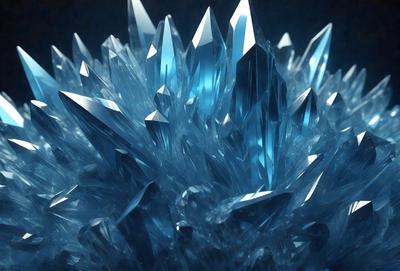 The primary subject of the image is a large, blue crystal formation. The setting is a dark, blue background, which contrasts with the bright blue crystal. The visual style appears to be a digital art or illustration, as the crystal formation is intricately detailed and has a unique, artistic appearance. The colors and mood of the image are predominantly blue, creating a sense of depth and tranquility.