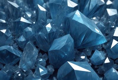 The primary subject of the image is a large cluster of blue crystals, which are the main objects in the scene. The setting is a blue background, which creates a striking contrast with the crystals. The visual style of the image is a digital art or illustration, as the crystals are depicted in a detailed and intricate manner. The dominant colors in the image are blue and white, giving the scene a calm and serene atmosphere.