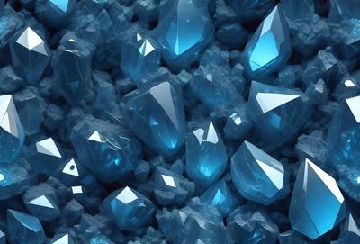 The primary subject of the image is a large cluster of blue crystals, which are the main objects in the scene. The setting is a blue background, which creates a striking contrast with the crystals. The visual style of the image is a digital art or illustration, as the crystals are depicted in a detailed and intricate manner. The dominant colors in the image are blue and white, giving the scene a calm and serene atmosphere.